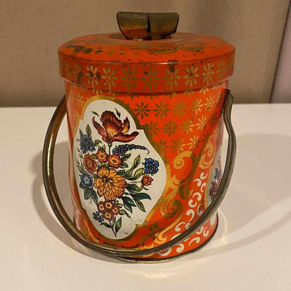 Vintage English‎ Orange Floral Toffee Tin Canister 4.5x3.5 Cottagecore